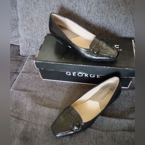 GEORGE WOMENS GLOSS BLACK SLIP-ON Crinkle Finish MARY JANE DRESS HEELS Size 6.5